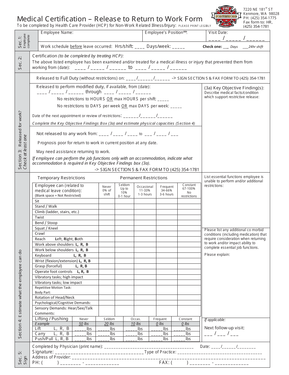 Medical Certification  Release to Return to Work Form - Northshore, Washington, Page 1