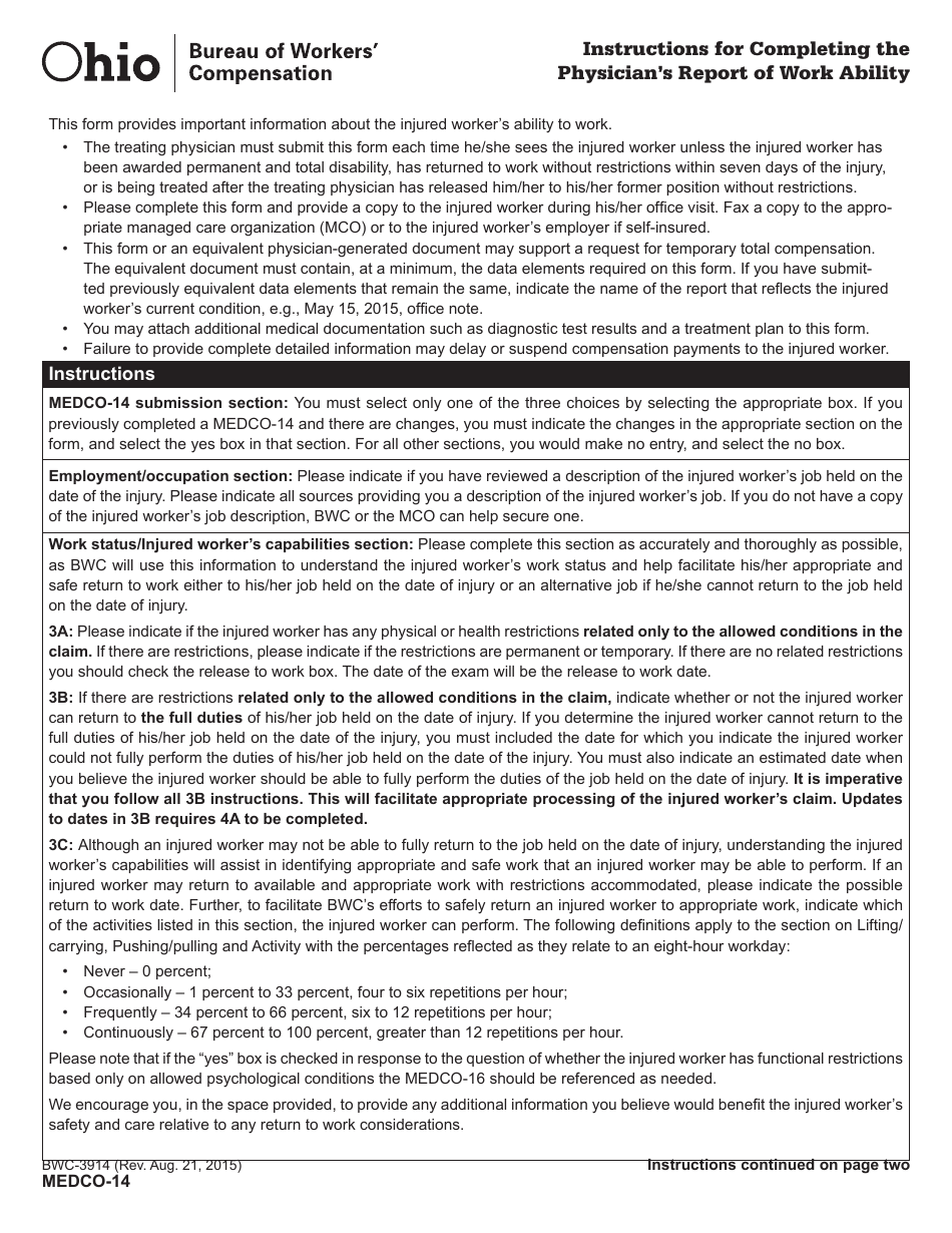 Form 14 Physicians Report of Work Ability - Ohio, Page 1