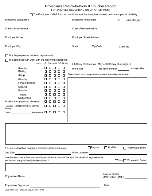 Form 10133 36 Download Fillable Pdf Or Fill Online Physician S Return To Work And Voucher Report California Templateroller