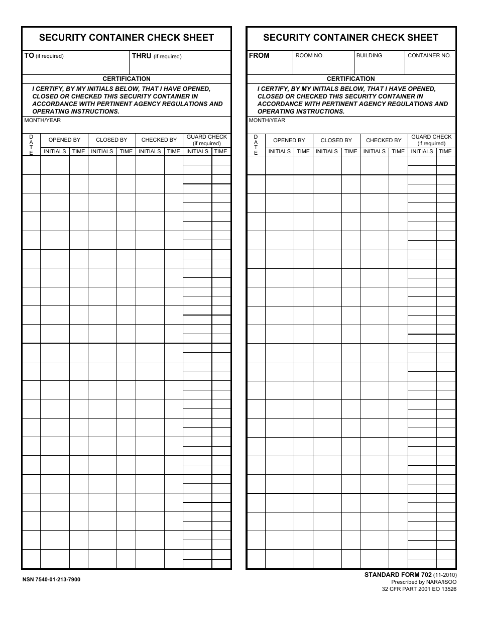 Form SF-702 Security Container Check Sheet, Page 1