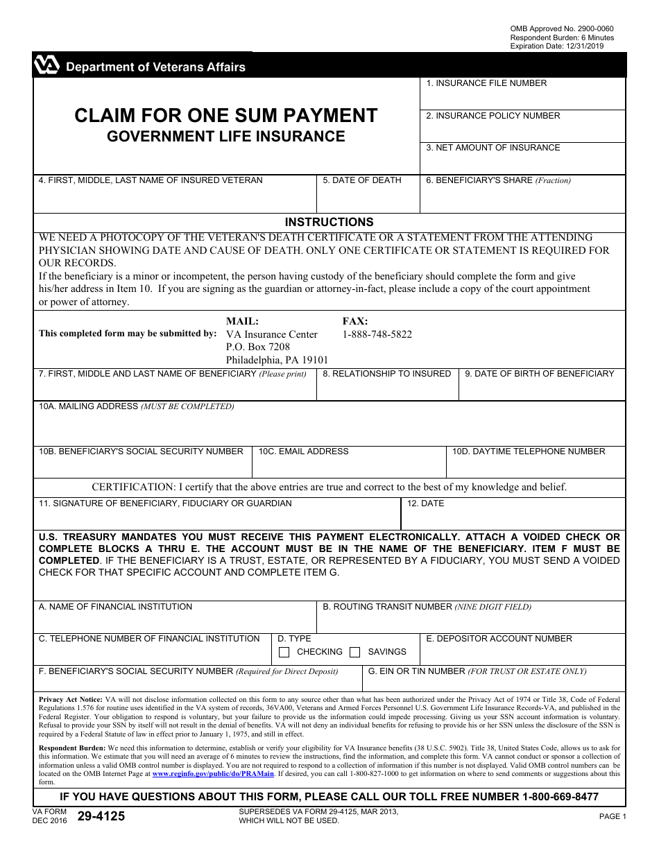 VA Form 29-4125 Claim for One Sum Payment - Government Life Insurance, Page 1