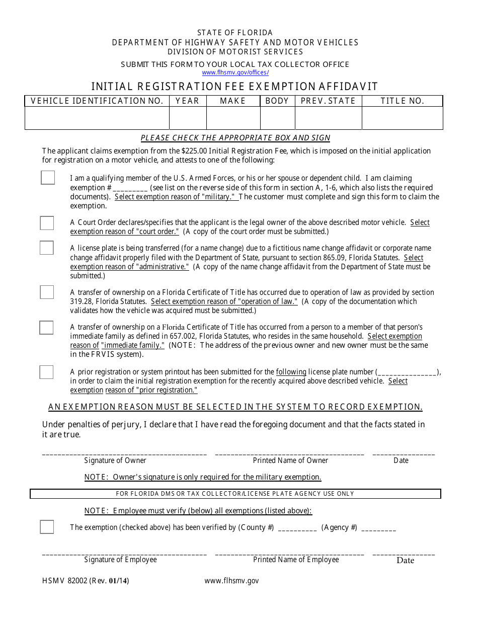 Form HSMV82002 Initial Registration Fee Exemption Affidavit - Florida, Page 1