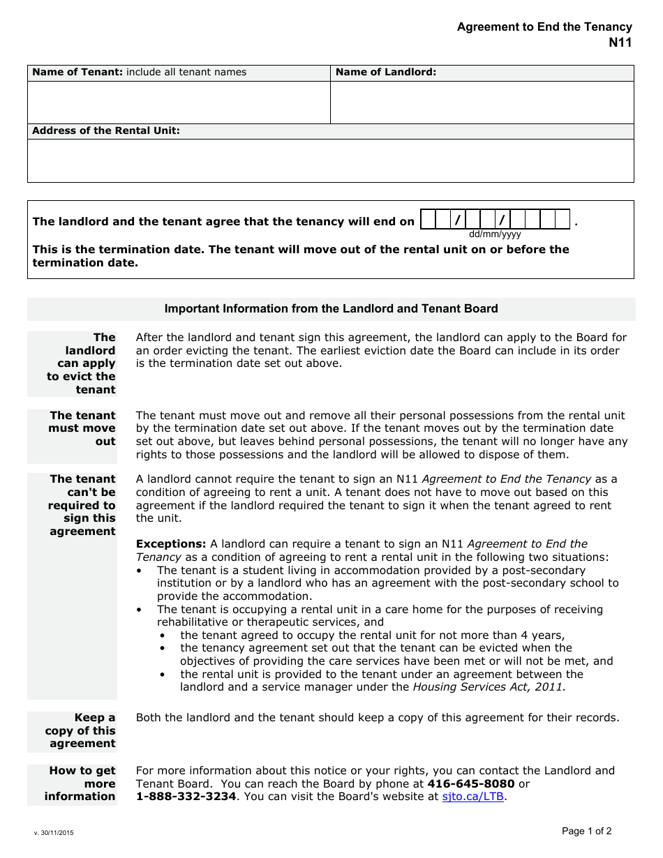 Form N11 Agreement to End the Tenancy - Ontario, Canada, Page 1