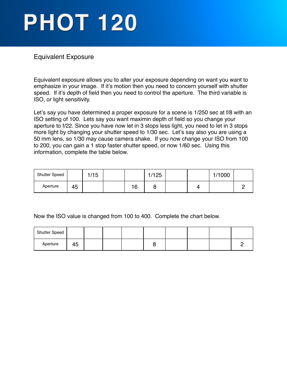 Equivalent Exposure Worksheet - Blank Template
