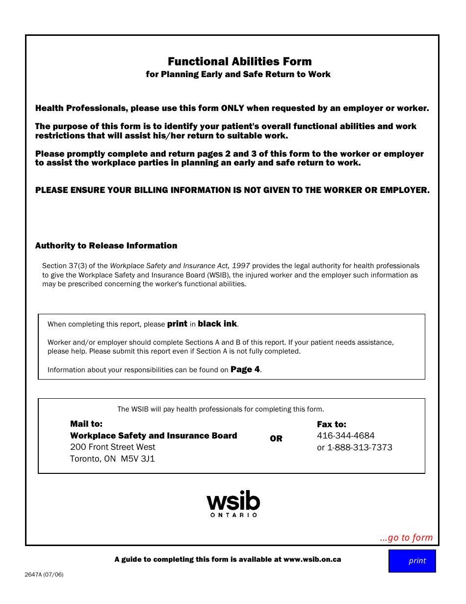 Form 2647A Functional Abilities Form for Planning Early and Safe Return to Work - Ontario, Canada, Page 1