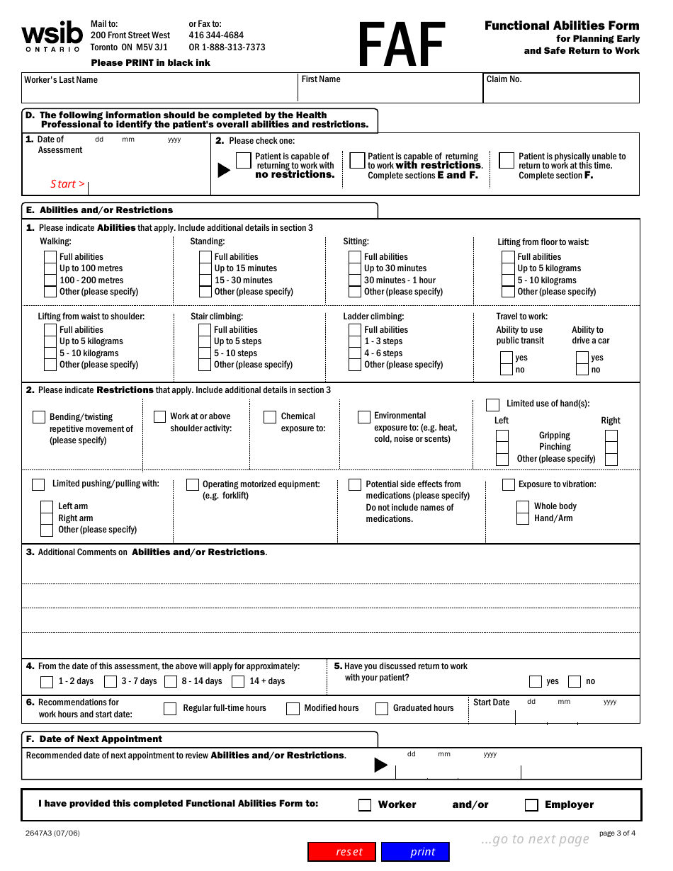 Form 2647A Functional Abilities Form for Planning Early and Safe Return to Work - Ontario, Canada, Page 3