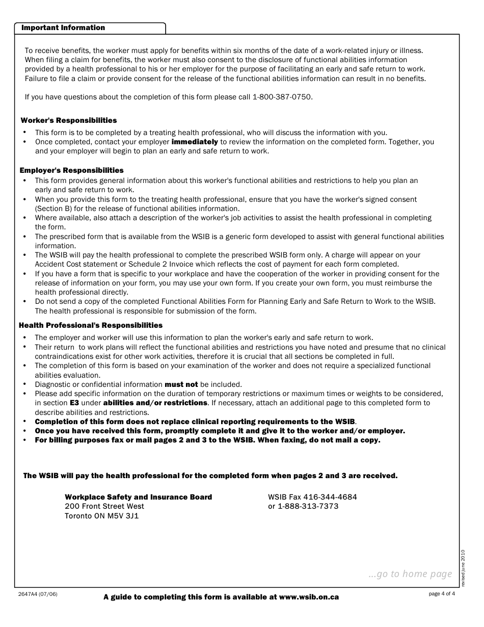 Form 2647A Functional Abilities Form for Planning Early and Safe Return to Work - Ontario, Canada, Page 4