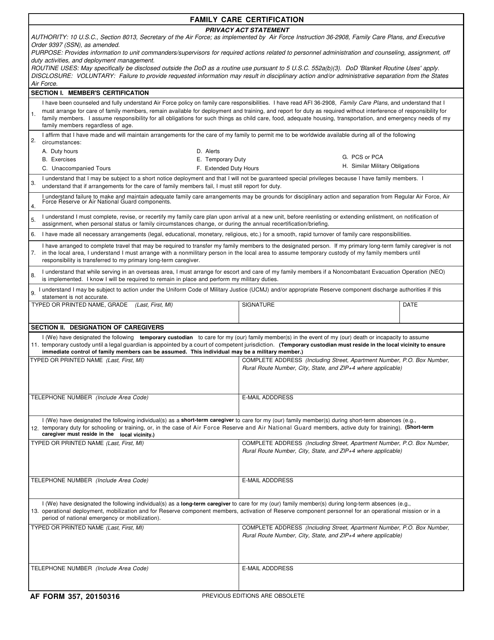 AF Form 357 Download Fillable PDF, Family Care Certification ...