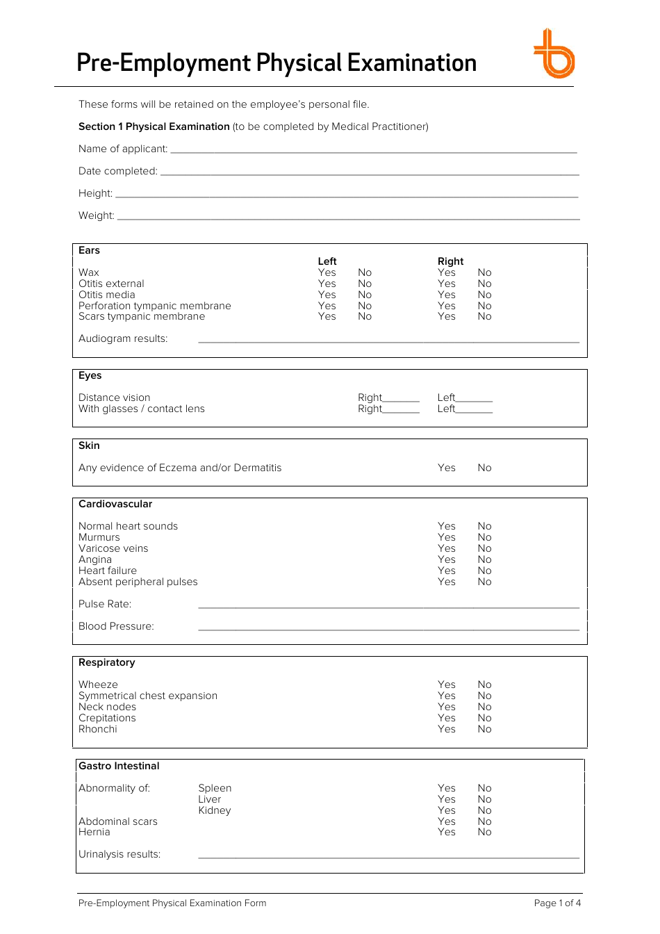 Pre-employment Physical Examination Form, Page 1