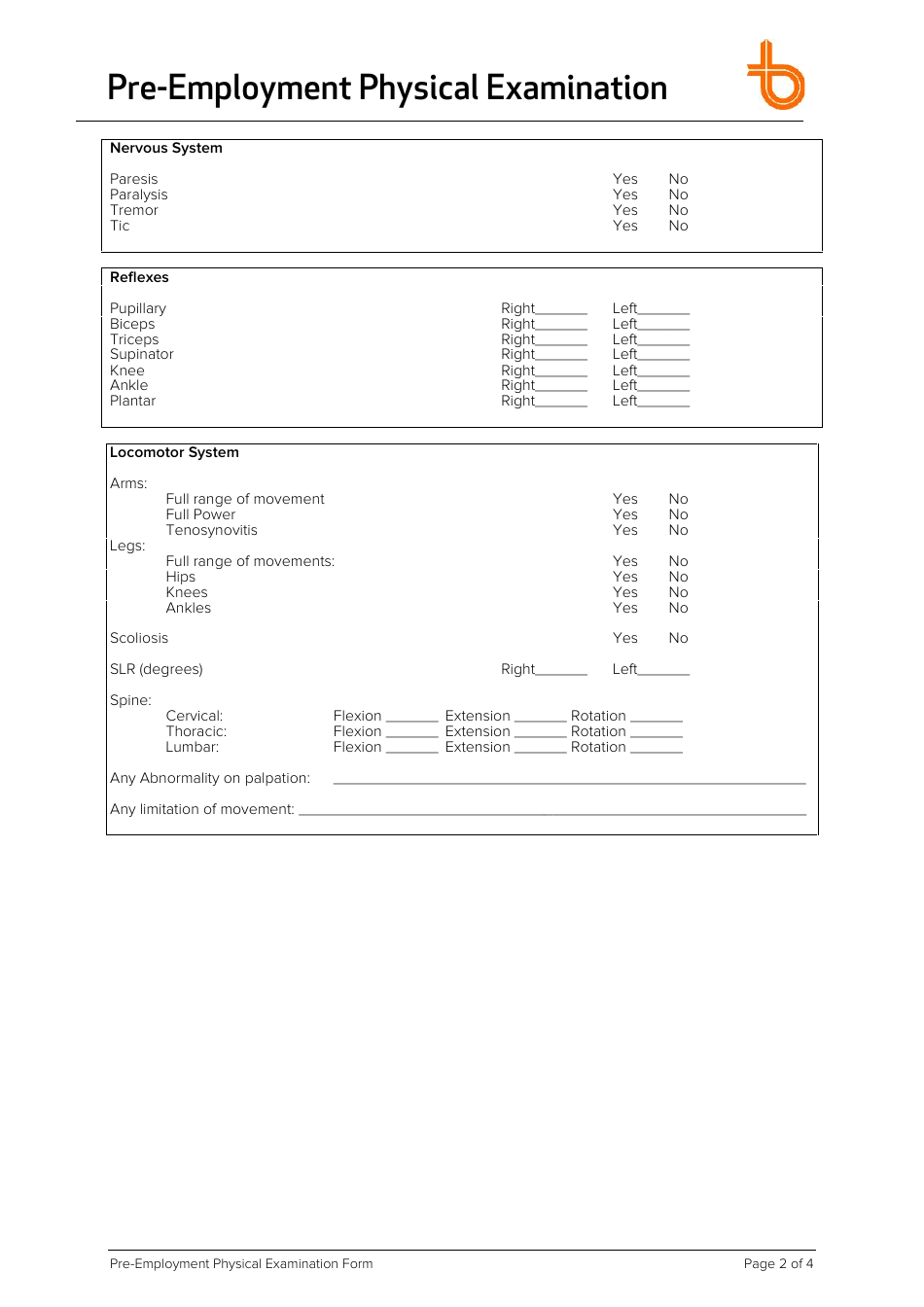 Pre-employment Physical Examination Form, Page 2