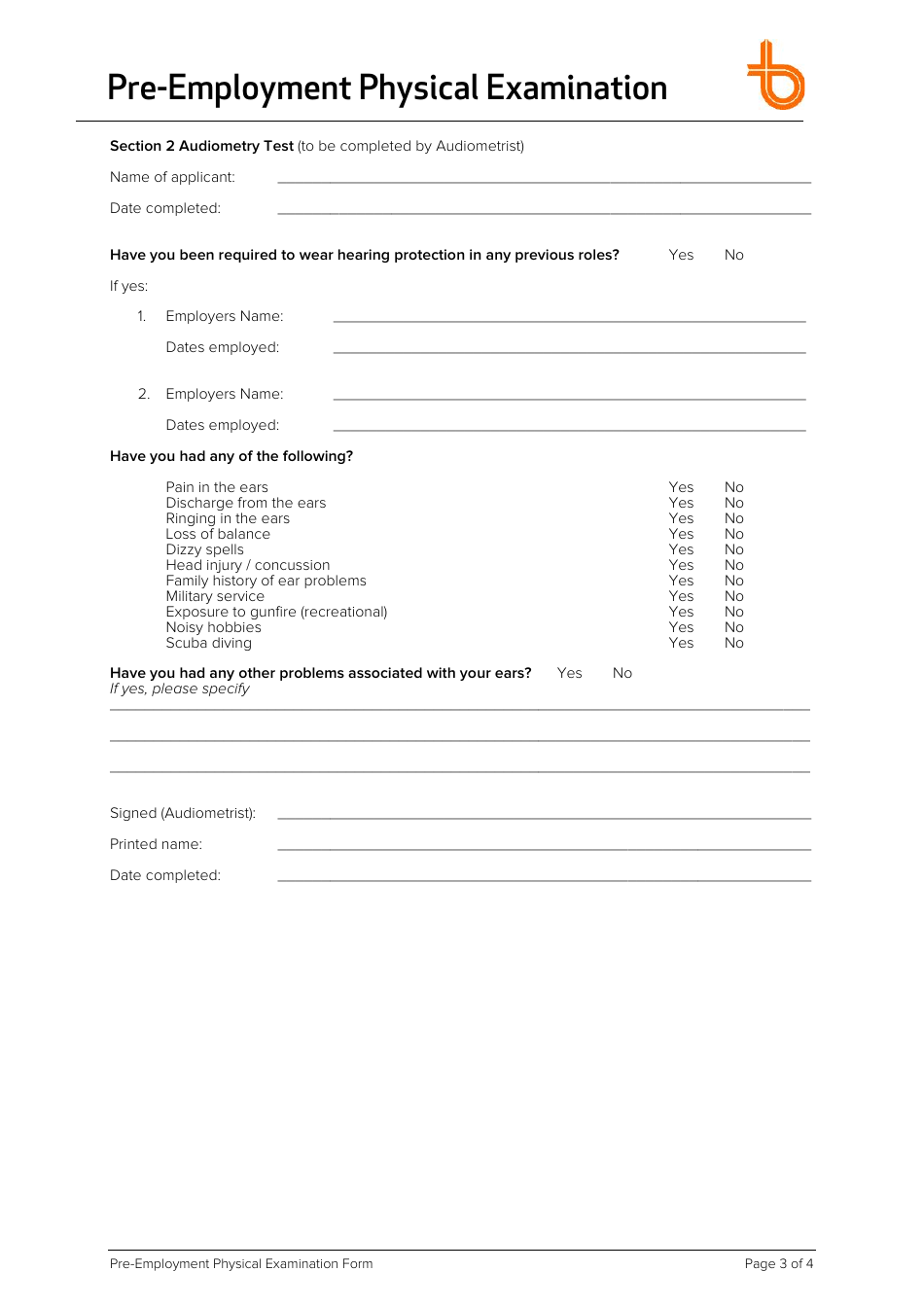 Pre-employment Physical Examination Form, Page 3