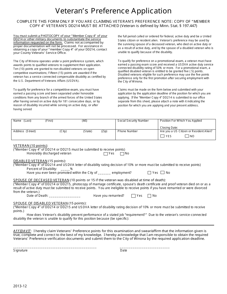 Veterans Preference Application Form - City of Winona, Minnesota, Page 1