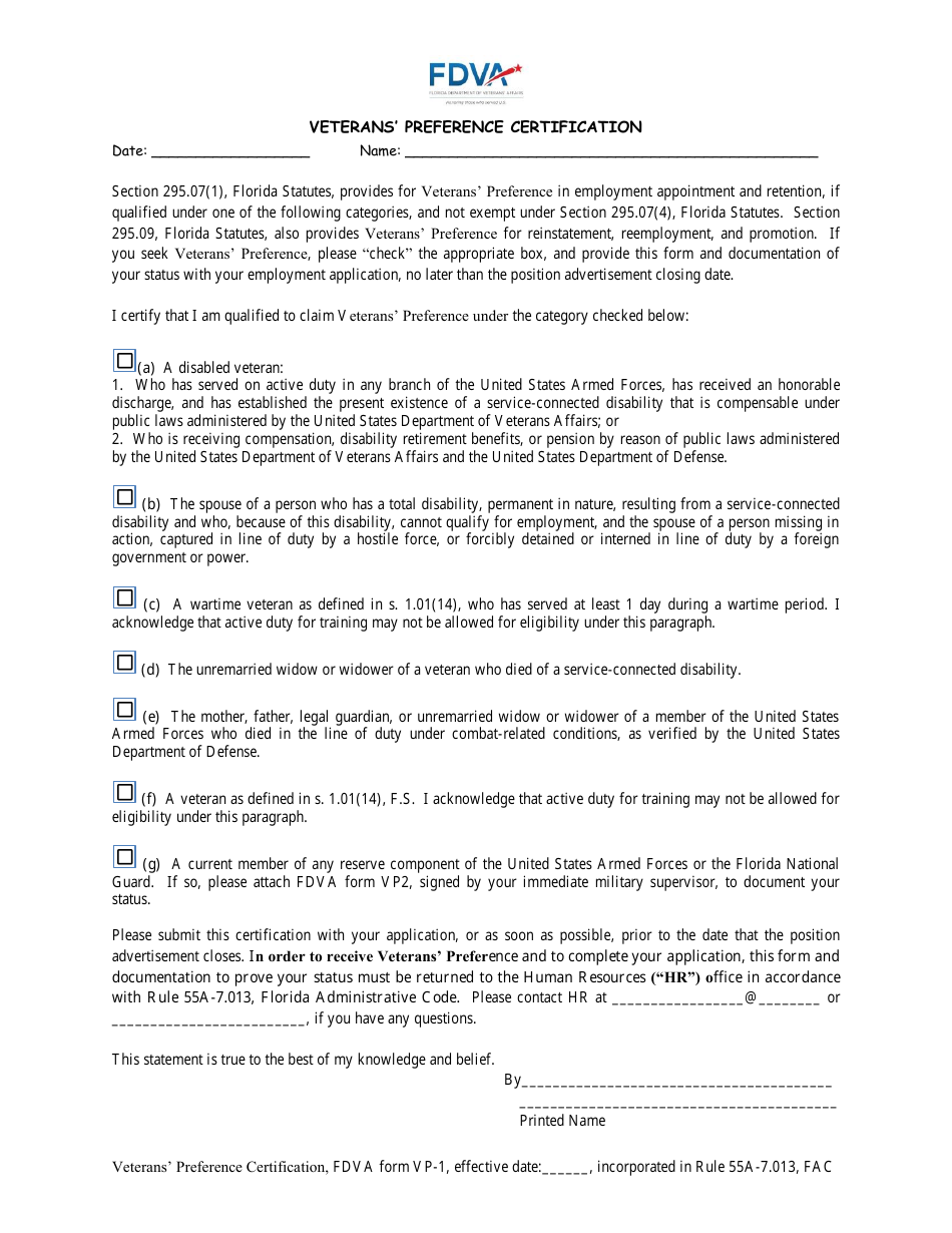 FDVA Form VP-1 Veterans Preference Certification - Florida, Page 1