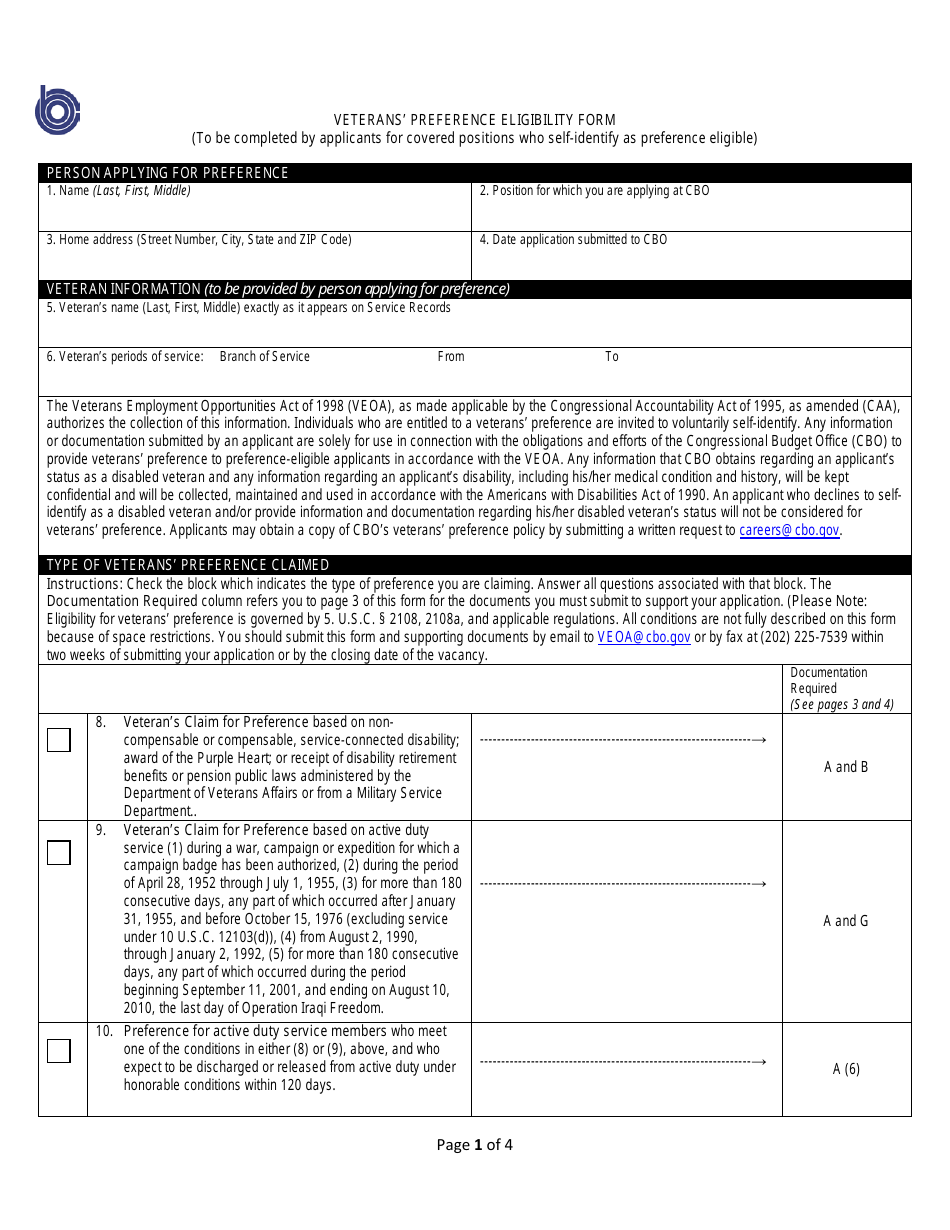 Veterans Preference Eligibility Form, Page 1