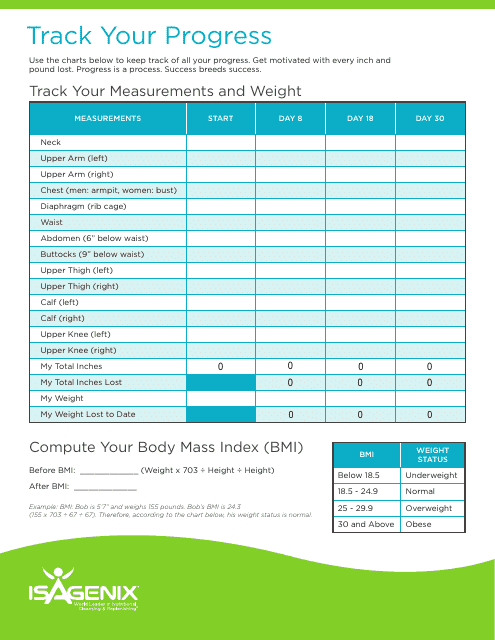 &quot;Tracking Progress Measurements and Weight Chart Template - Isagenix&quot; Download Pdf