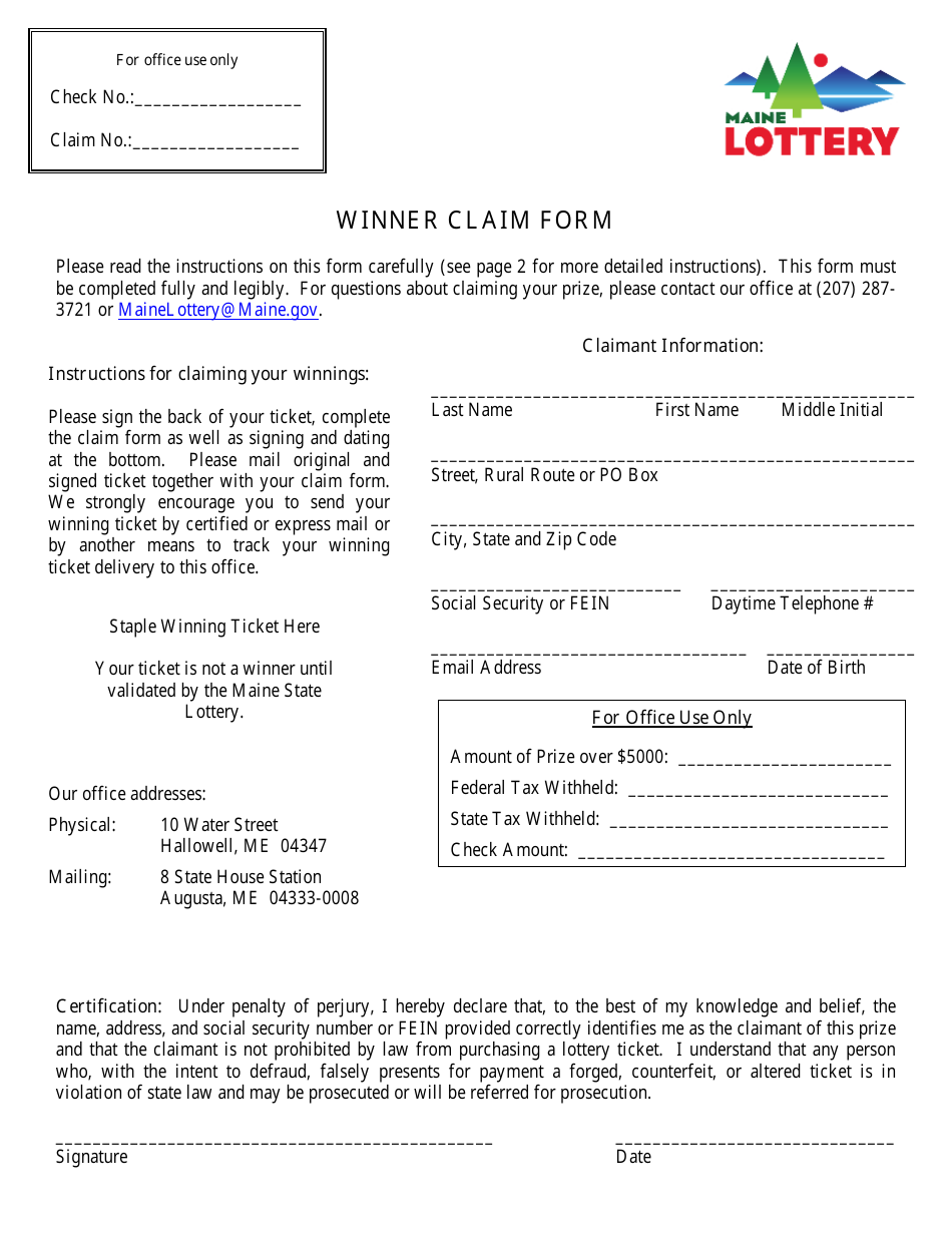 Winner Claim Form - Maine State Lottery - Maine, Page 1