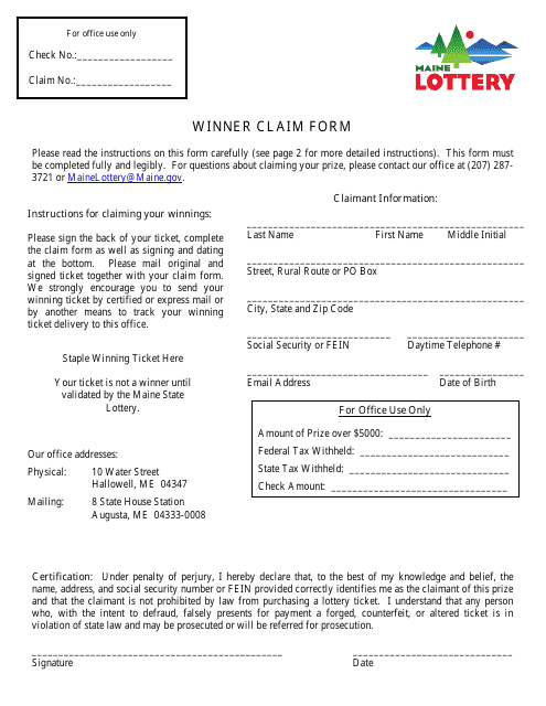 Winner Claim Form - Maine State Lottery - Maine