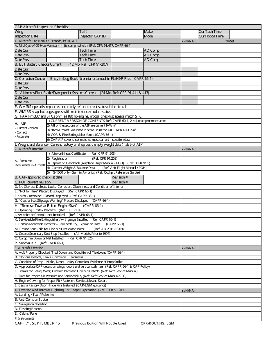 CAP Form 71 CAP Aircraft Inspection Checklist, Page 1