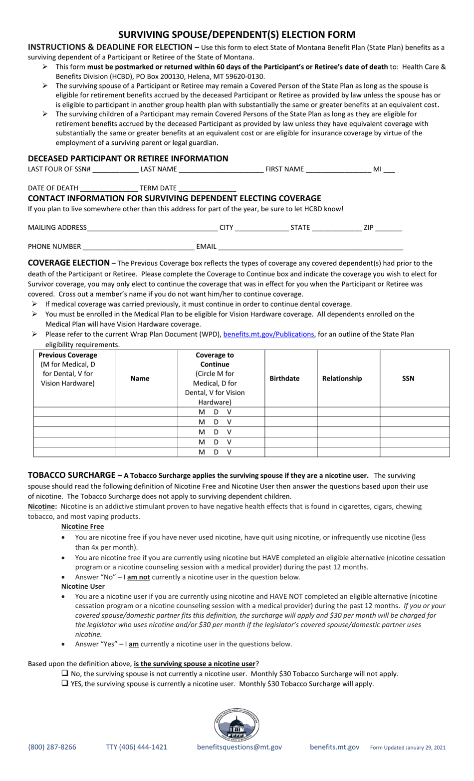 Surviving Spouse / Dependent(s) Election Form - Montana, Page 1