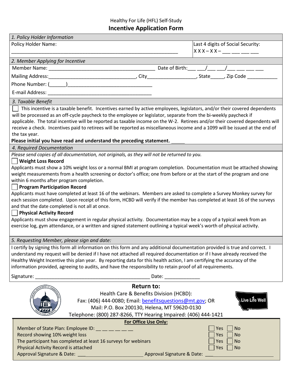 Hfl Incentive Application Form - Montana, Page 1