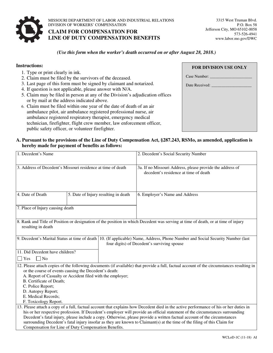 Form WCLoD-1C Claim for Compensation for Line of Duty Compensation Benefits (When Workers Death Occured on or After August 28, 2018) - Missouri, Page 1
