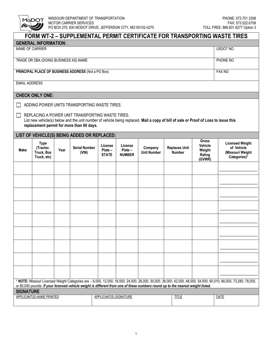 Form WT-2 Supplemental Permit Certificate for Transporting Waste Tires - Missouri, Page 1