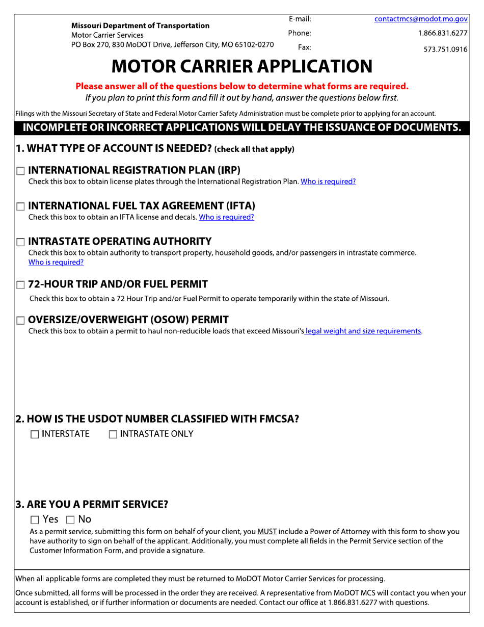 Motor Carrier Application - Missouri, Page 1