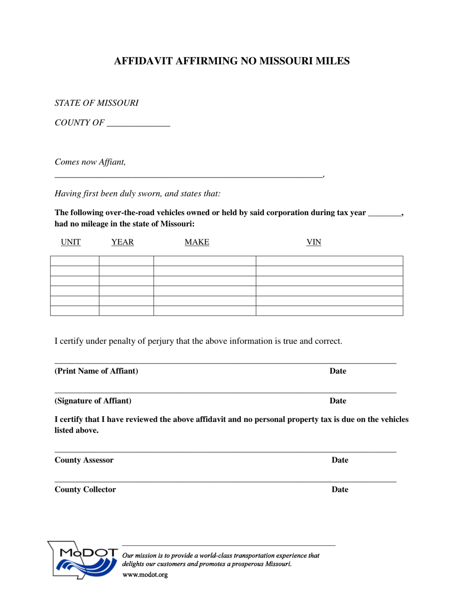 Missouri Affidavit Affirming No Missouri Miles - Fill Out, Sign Online ...