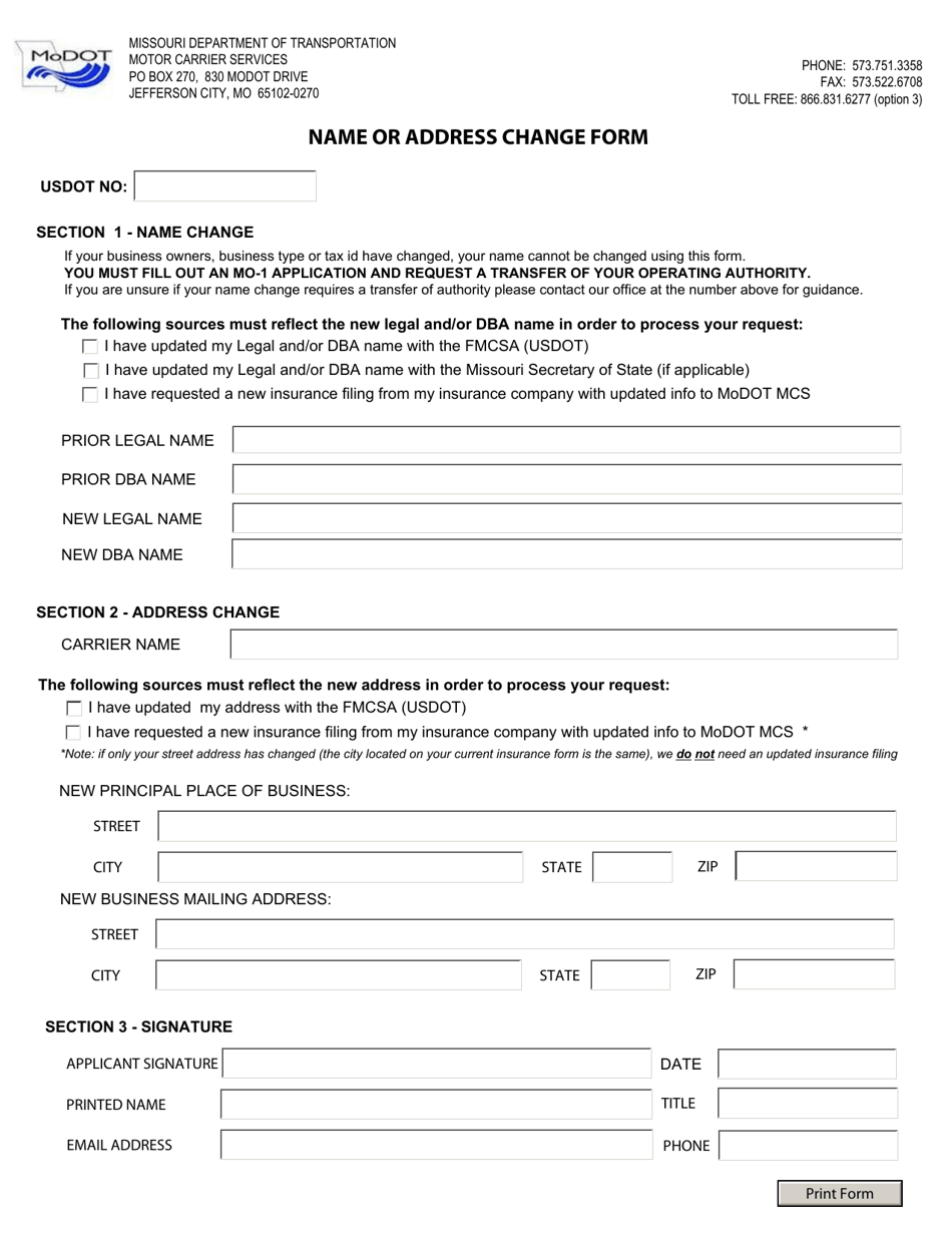 Name or Address Change Form - Missouri, Page 1