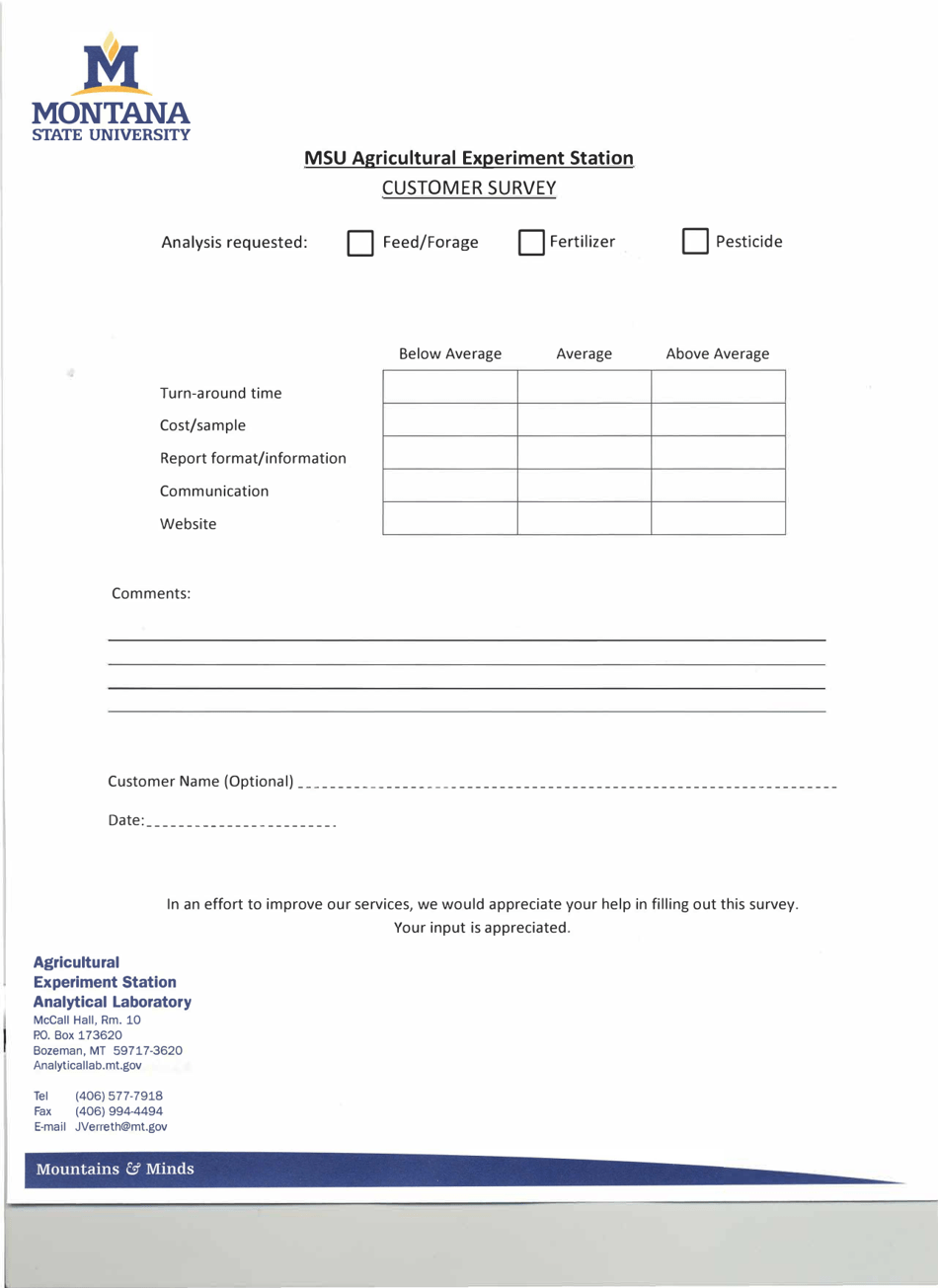 Msu Agricultural Experiment Station Customer Survey - Montana, Page 1