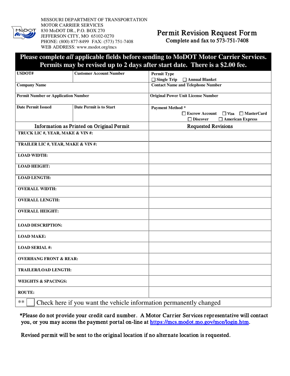 Permit Revision Request Form - Missouri, Page 1