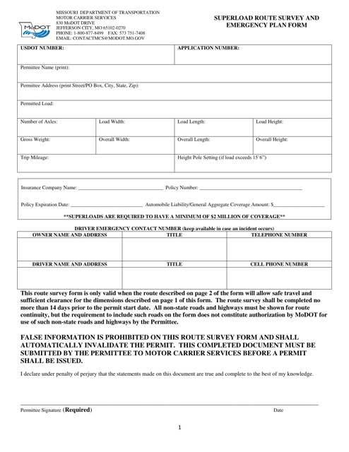 Missouri Superload Route Survey and Emergency Plan Form Download ...