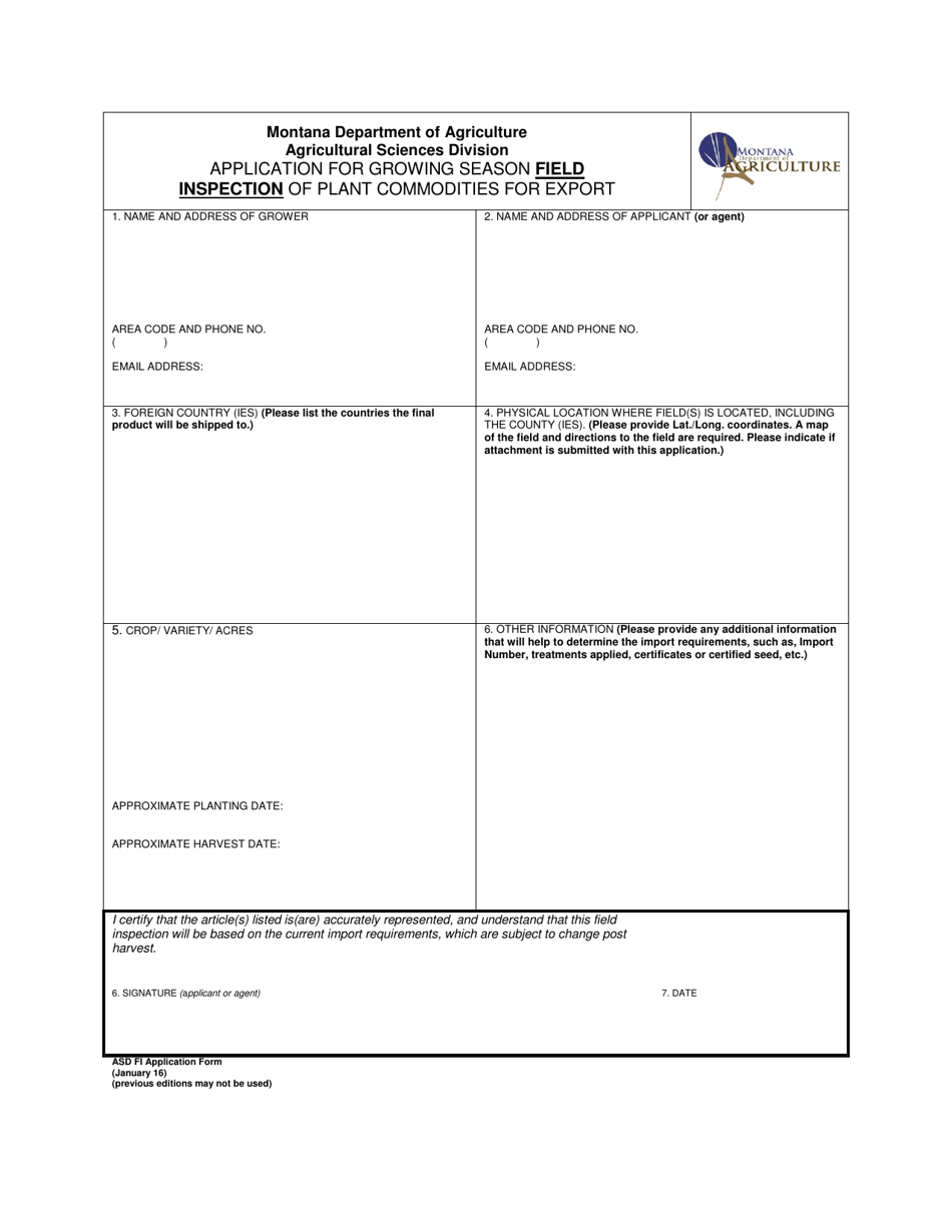 Application for Growing Season Field Inspection of Plant Commodities for Export - Montana, Page 1