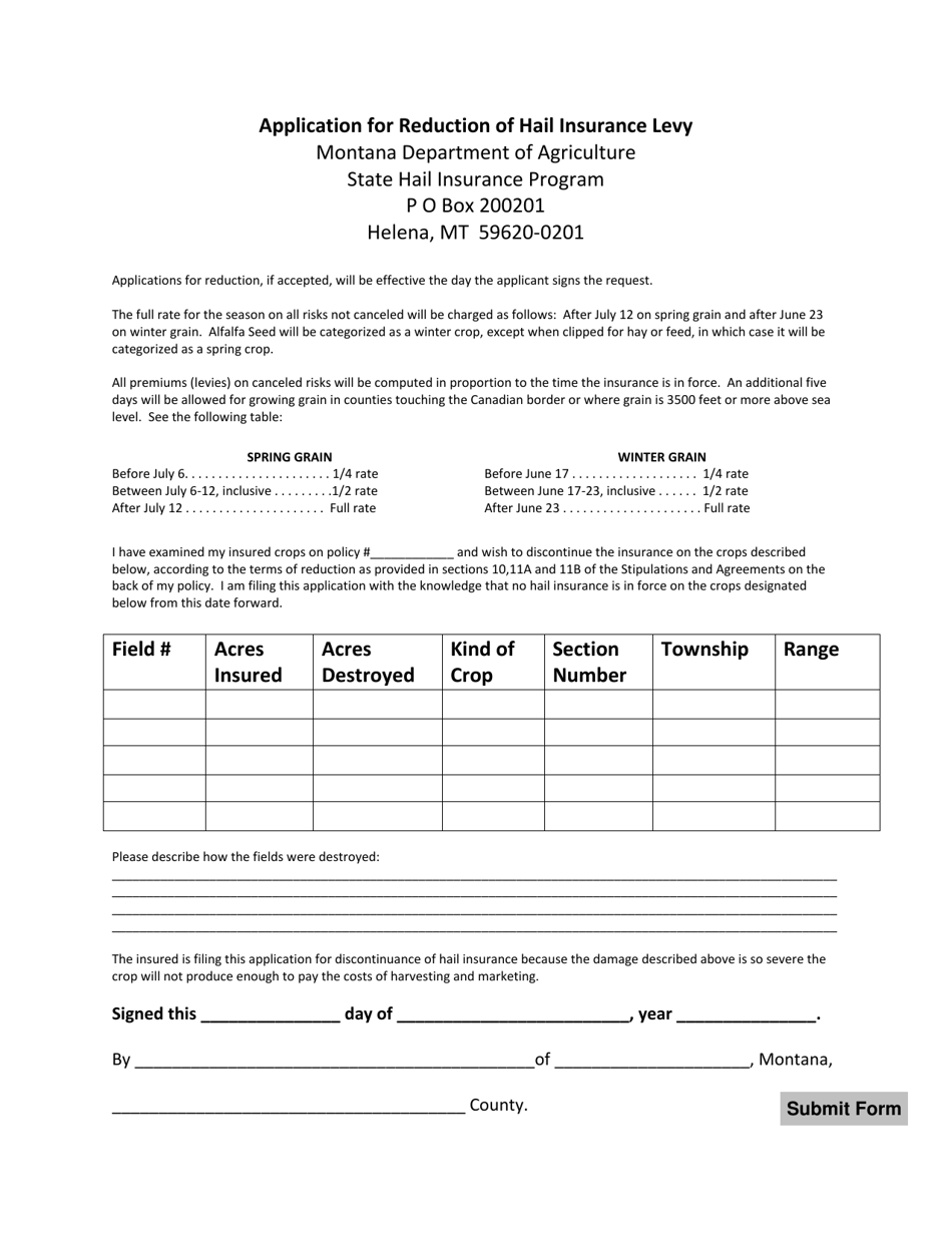 Application for Reduction of Hail Insurance Levy - Montana, Page 1