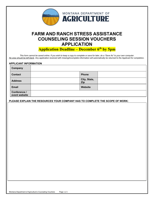 Farm and Ranch Stress Assistance Counseling Session Vouchers Application - Montana Download Pdf
