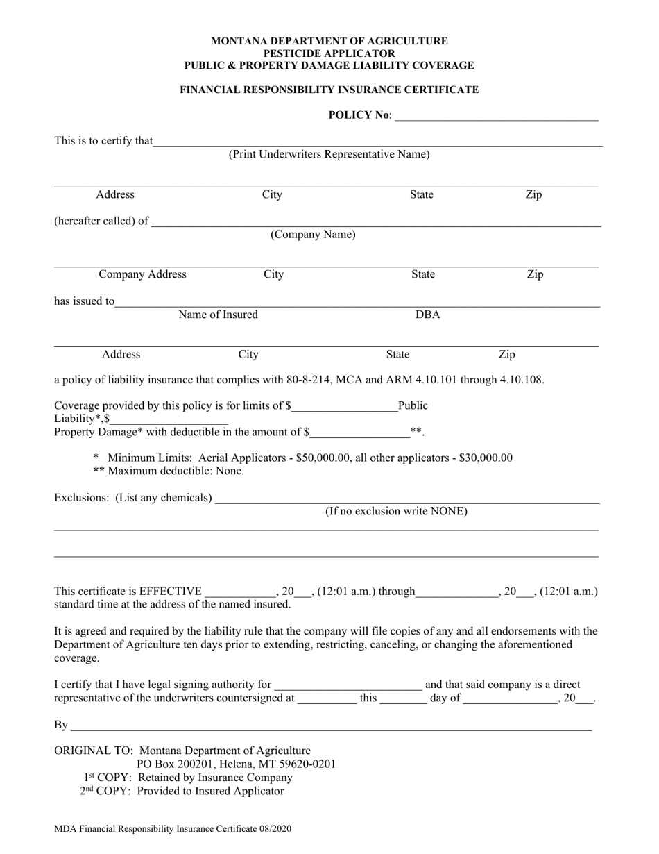 Financial Responsibility Insurance Certificate - Montana, Page 1