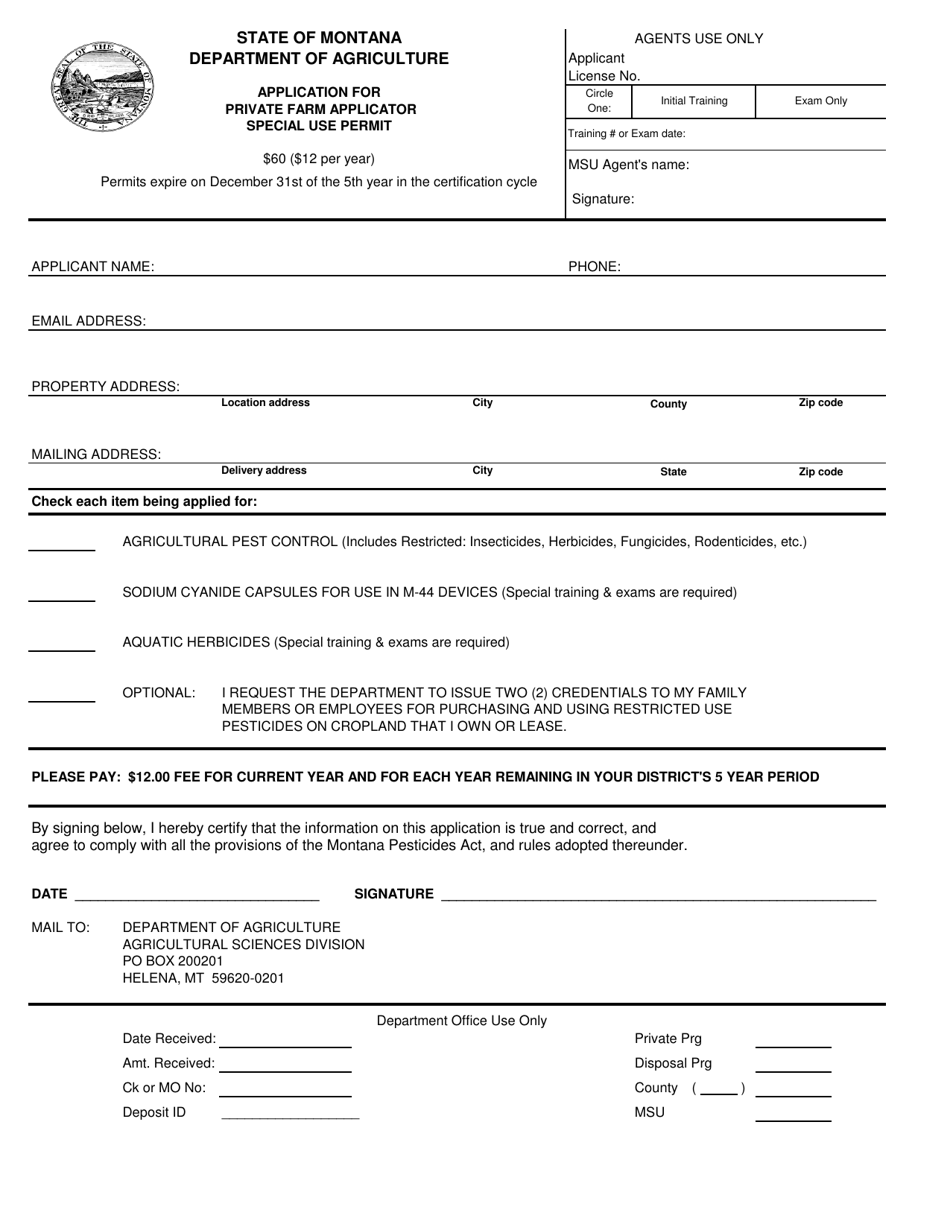 Application for Private Farm Applicator Special Use Permit - Montana, Page 1