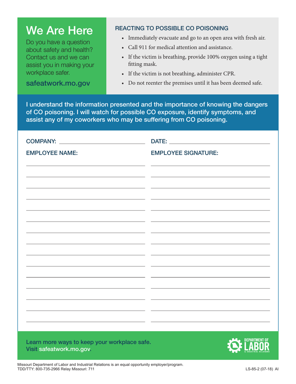 Form LS-85 Toolbox Talk: Carbon Monoxide Safety - Missouri, Page 2