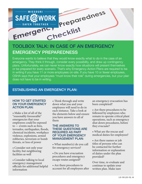 Form LS-100 Toolbox Talk: in Case of an Emergency - Missouri