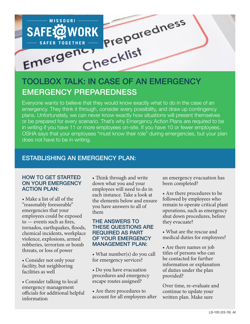 Form LS-100 Toolbox Talk: in Case of an Emergency - Missouri, Page 1