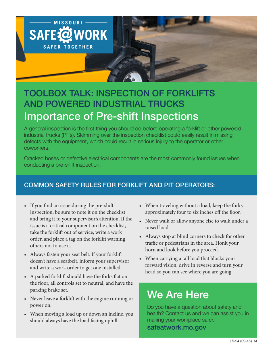Form LS-94 Toolbox Talk: Inspection of Forklifts and Powered Industrial Trucks - Missouri, Page 1
