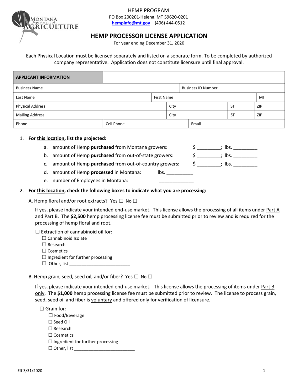 Montana Hemp Processor License Application Fill Out, Sign Online and
