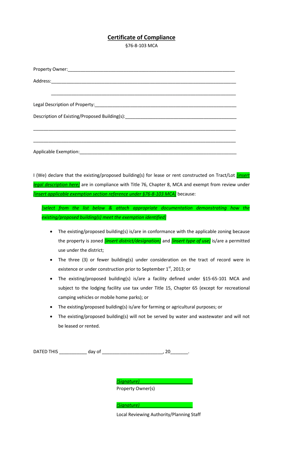 Certificate of Compliance - Montana, Page 1