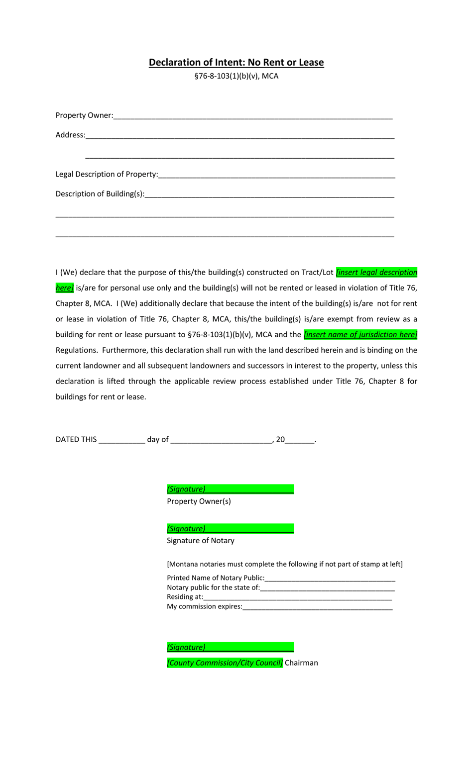 Declaration of Intent: No Rent or Lease - Montana, Page 1