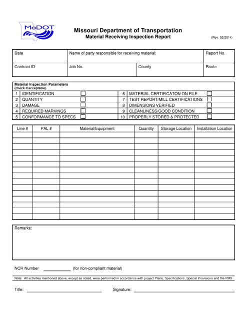 Material Receiving Inspection Report - Missouri Download Pdf