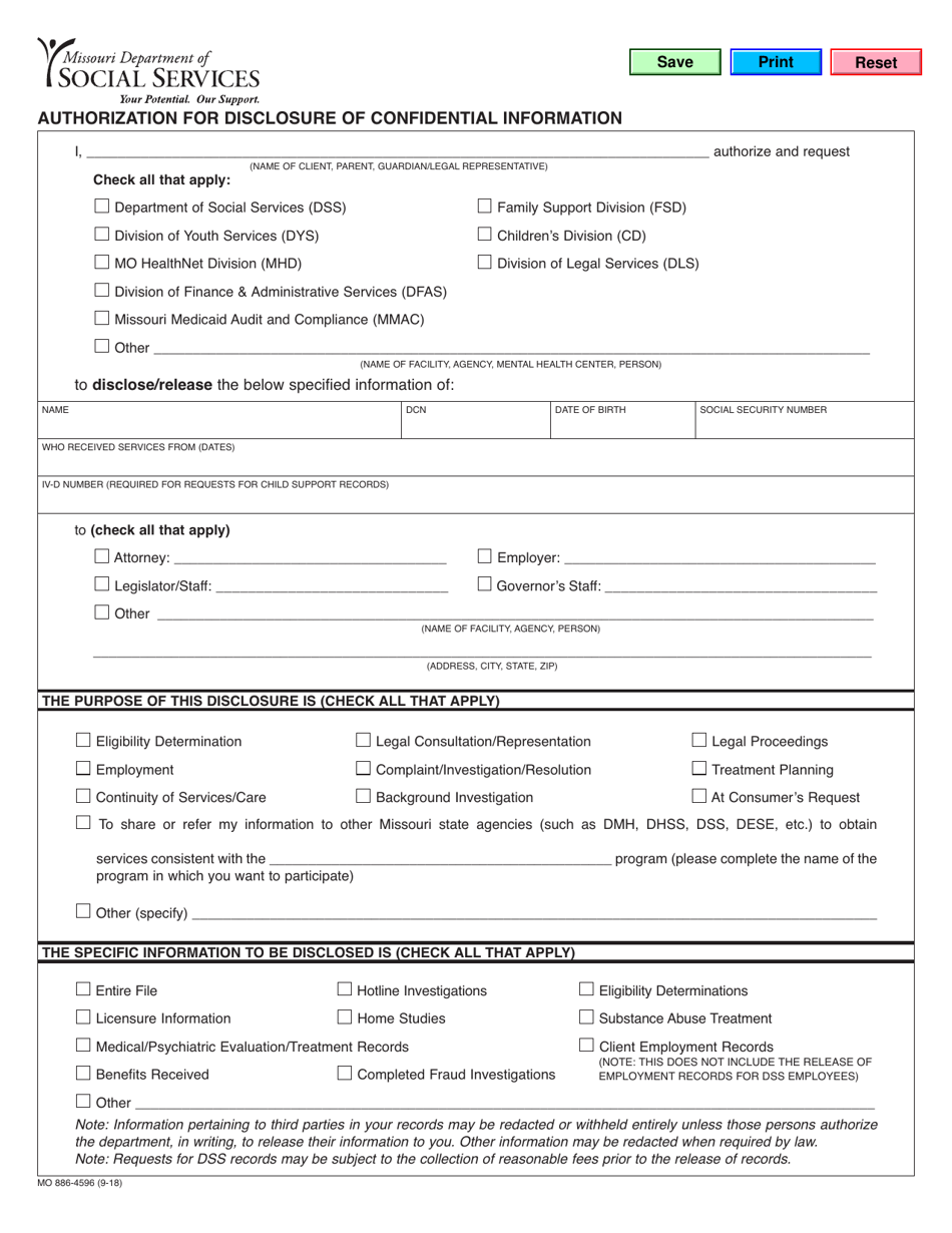 Form MO886-4596 Authorization for Disclosure of Confidential Information - Missouri, Page 1