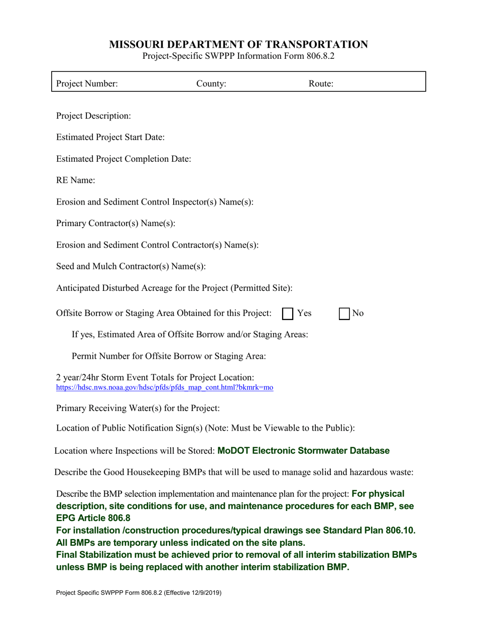 Form 806.8.2 Project-Specific Swppp Information Form - Missouri, Page 1