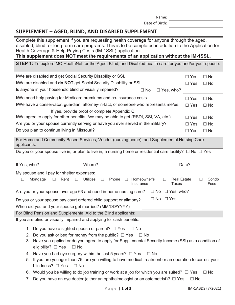 Form IM-1ABDS Aged, Blind, and Disabled Supplement - Missouri, Page 1