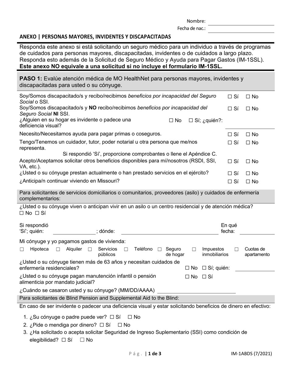 Formulario IM-1ABDS Anexo - Personas Mayores, Invidentes Y Discapacitadas - Missouri (Spanish), Page 1