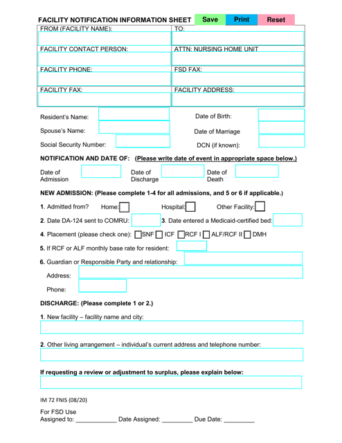 Form IM-72 Facility Notification Information Sheet - Missouri